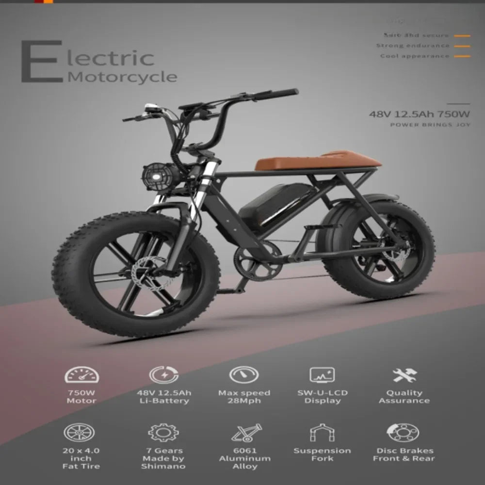 750W Electric Bike - 48V 13Ah Lithium Battery, Aluminum Frame